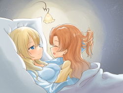Rule 34 | 2girls, alternate hairstyle, bed sheet, blonde hair, blue eyes, blue nightgown, closed eyes, commentary, cuddling, darjeeling (girls und panzer), from side, girls und panzer, hair down, half-closed eyes, hand in another&#039;s hair, light, light particles, long hair, long sleeves, looking at another, lying, multiple girls, nightgown, on back, on bed, on person, open mouth, orange hair, orange pekoe (girls und panzer), pillow, rebirth42000, smile, yellow nightgown, yuri