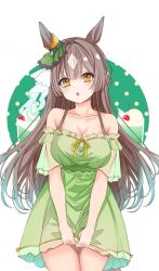 Rule 34 | 1girl, alternate costume, animal ears, bare shoulders, breasts, brown hair, cleavage, collarbone, commentary request, cowboy shot, dress, ear ornament, green background, green dress, highres, holding, horse ears, horse girl, large breasts, long hair, looking at viewer, multicolored hair, partial commentary, reishi (litvyak), satono diamond (umamusume), simple background, skirt hold, solo, streaked hair, two-tone background, umamusume, white background, white hair, yellow eyes