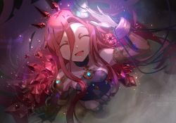 Rule 34 | 1girl, ^ ^, bare shoulders, closed eyes, commentary request, crystal, cuffs, dark, gem, granblue fantasy, leotard, long hair, looking at viewer, looking up, open mouth, raybury (granblue fantasy), red hair, smile, spotlight, yatima, youmicitrustea