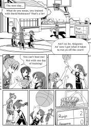 Rule 34 | 10s, akigumo (kancolle), ball, basketball, basketball (object), basketball court, basketball hoop, basketball uniform, clenched hand, color guide, comic, english text, female admiral (kancolle), flag, fubuki (kancolle), golden state warriors, greyscale, hair ribbon, hair tie, hat, height difference, high ponytail, highres, house, jumping, kantai collection, monochrome, motion lines, national basketball association, playing sports, ponytail, referee, ribbon, ryuujou (kancolle), san antonio spurs, scoreboard, sixten, sportswear, tree, twintails