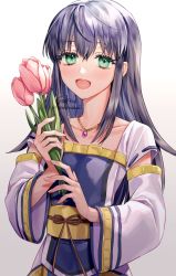 Rule 34 | 1girl, black hair, collarbone, dress, flower, gensou suikoden, gensou suikoden v, green eyes, highres, jewelry, long hair, long sleeves, looking at viewer, necklace, open mouth, sakai (motomei), simple background, smile, solo, viki (suikoden), white background