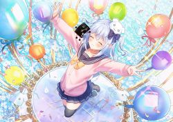 Rule 34 | 1boy, balloon, black bow, black sailor collar, black skirt, black thighhighs, blue hair, bow, cardigan, closed eyes, collarbone, commentary request, crossdressing, dog hair ornament, hair bow, hair ornament, highres, inuyama tamaki, male focus, noripro, okanoyuno, pink cardigan, sailor collar, skirt, smile, solo, striped, striped bow, thighhighs, trap, two side up, virtual youtuber, zettai ryouiki