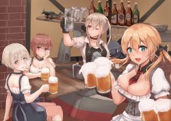 Rule 34 | 4girls, alcohol, alternate costume, anchor hair ornament, apron, beer, beer mug, black apron, black gloves, blonde hair, blouse, blue eyes, bodice, breasts, brown eyes, brown hair, cleavage, commentary, counter, cross, cup, dirndl, dress, dress shirt, german clothes, gloves, graf zeppelin (kancolle), green eyes, grey eyes, hair between eyes, hair ornament, hat, unworn hat, unworn headwear, highres, iron cross, k jie, kantai collection, large breasts, long hair, looking at viewer, military hat, mug, multiple girls, necktie, official alternate costume, peaked cap, pinafore dress, prinz eugen (kancolle), puffy short sleeves, puffy sleeves, shirt, short hair, short sleeves, sidelocks, silver hair, skirt, sleeveless dress, symbol-only commentary, twintails, waist apron, waitress, z1 leberecht maass (kancolle), z3 max schultz (kancolle)