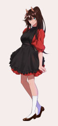 Rule 34 | 1girl, absurdres, alternate costume, animal ears, apron, arknights, black apron, black footwear, blue eyes, brown hair, commentary request, dress, frilled apron, frills, full body, grey background, highres, long hair, meteor (arknights), red dress, shijie jianfa, shoes, short dress, simple background, solo, standing, white legwear