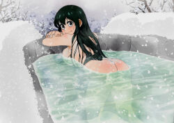 Rule 34 | 1girl, ass, asui tsuyu, bathing, black eyes, blush, boku no hero academia, breasts, cheese cat, completely nude, green hair, grey sky, highres, large breasts, long hair, looking back, nude, onsen, outdoors, overcast, sky, snowing, solo, tree, turning head, water, wet, winter