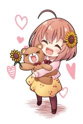 Rule 34 | &gt; &lt;, 1girl, :d, ^ ^, ahoge, blush, bow, brown hair, brown thighhighs, chibi, closed eyes, collared shirt, facing viewer, flower, frilled shirt collar, frills, full body, hair between eyes, hair flower, hair ornament, hairclip, head tilt, honma himawari, hugging object, jacket, kadose ara, nijisanji, open mouth, pink jacket, red bow, red footwear, shirt, shoes, smile, solo, standing, stuffed animal, stuffed toy, sunflower, sunflower hair ornament, teddy bear, teeth, thighhighs, upper teeth only, virtual youtuber, xd, yellow flower