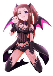 Rule 34 | 1girl, armband, bare shoulders, bikini, black armband, black bikini, black collar, black hairband, black sleeves, black thighhighs, blush, bow, brown hair, claw pose, collar, demon horns, demon wings, detached collar, detached sleeves, dot nose, e sen a1000, fake horns, fake wings, flat chest, full body, hair bow, hairband, hand on own leg, highres, horns, idolmaster, idolmaster cinderella girls, idolmaster cinderella girls starlight stage, idolmaster starlit season, kneeling, koseki reina, long hair, looking at viewer, midriff, open mouth, purple eyes, simple background, smile, solo, swimsuit, thighhighs, two side up, v-shaped eyebrows, white background, wings