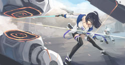 Rule 34 | 1girl, aircraft, airplane, black eyes, black gloves, black thighhighs, breasts, collarbone, day, facing viewer, fighter jet, fighting, fighting stance, gloves, hair ornament, highres, holding, holding sword, holding weapon, honkai (series), honkai impact 3rd, jacket, jet, katana, kikivi, large breasts, leaning forward, long hair, looking back, military, military vehicle, open clothes, open jacket, outdoors, ponytail, raiden mei, raiden mei (striker fulminata), robot, solo, sword, thighhighs, weapon