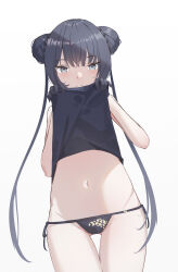 Rule 34 | 1girl, absurdres, black gloves, black hair, black panties, blue archive, braid, braided bun, china dress, chinese clothes, closed mouth, clothes lift, double bun, dragon print, dress, dress lift, gloves, grey eyes, hair bun, highres, kisaki (blue archive), lifting own clothes, long hair, looking at viewer, naretsuro, navel, no halo, panties, side-tie panties, simple background, sleeveless, sleeveless dress, smile, solo, stomach, string panties, thigh gap, thighs, tsurime, twintails, underwear, very long hair, white background