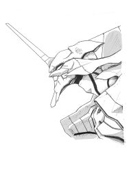 Rule 34 | aron e, eva 01, from side, greyscale, highres, horns, looking ahead, mecha, monochrome, neon genesis evangelion, robot, science fiction, single horn, solo, upper body, white background