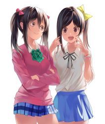Rule 34 | 2girls, aged up, asymmetrical hair, black hair, blue skirt, bow, bracelet, brown eyes, bunbun (midukikome), collared shirt, cowboy shot, crossed arms, hair between eyes, hair bow, highres, jewelry, long sleeves, looking at another, love live!, love live! school idol project, multiple girls, open mouth, pleated skirt, ponytail, red bow, shirt, short sleeves, siblings, sidelocks, simple background, sisters, skirt, smile, sweater, twintails, white background, yazawa cocoro, yazawa nico, yellow bow