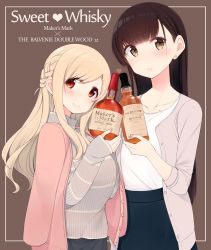 Rule 34 | 2girls, alcohol, blonde hair, blue skirt, blush, bottle, braid, breasts, brown eyes, brown hair, cardigan, closed mouth, collarbone, earrings, grey background, heart, holding, holding bottle, jacket, jacket on shoulders, jewelry, large breasts, long hair, looking at viewer, mole, multiple girls, nekoume, open cardigan, open clothes, original, raised eyebrows, red eyes, ribbed sweater, skirt, sleeves past wrists, sleeves rolled up, smile, sweater, tareme, turtleneck, turtleneck sweater, upper body, whiskey