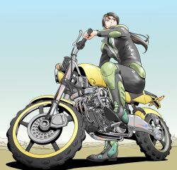 Rule 34 | 1girl, absurdres, amagi yoshihito, black eyes, black hair, blue sky, boots, floor, full body, highres, long hair, motor vehicle, motorcycle, open mouth, sky, track suit