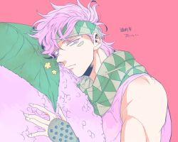 Rule 34 | 1boy, bare shoulders, battle tendency, caesar anthonio zeppeli, colored eyelashes, facial mark, feather hair ornament, feathers, fingerless gloves, flower, gloves, hair ornament, headband, hydrangea, jojo no kimyou na bouken, kock k, leaf, male focus, official alternate costume, pink eyes, pink hair, scarf, solo, triangle print