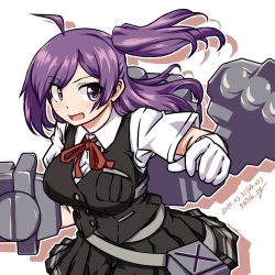 Rule 34 | 1girl, 547th sy, adapted turret, ahoge, artist name, black skirt, black vest, breast pocket, breasts, cannon, commentary request, cowboy shot, dated, dress shirt, gloves, hagikaze (kancolle), highres, kantai collection, long hair, machinery, medium breasts, neck ribbon, one side up, pleated skirt, pocket, purple eyes, purple hair, red ribbon, ribbon, shirt, simple background, skirt, solo, turret, vest, white background, white gloves, white shirt