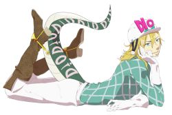 Rule 34 | 1boy, argyle, argyle clothes, argyle sweater, arm support, bad id, bad pixiv id, blonde hair, blue eyes, boots, diego brando, gloves, hat, head rest, jodhpurs, jojo no kimyou na bouken, knee boots, lying, male focus, on stomach, pants, satoshi san, scary monsters (stand), short hair, skin tight, solo, spurs, stand (jojo), steel ball run, sweater, tail, turtleneck, white background, white gloves