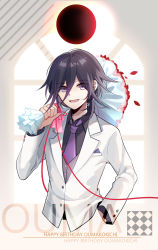 Rule 34 | 1boy, :d, alternate costume, black hair, black shirt, bouquet, character name, collared shirt, commentary request, cropped torso, danganronpa (series), danganronpa v3: killing harmony, ear piercing, flower, grey vest, hair between eyes, hand in pocket, happy birthday, highres, holding, holding bouquet, jacket, long sleeves, looking at viewer, male focus, necktie, open mouth, oma kokichi, piercing, pink eyes, purple eyes, purple necktie, qiao xing, red flower, red ribbon, ribbon, shirt, smile, solo, upper body, vest, white jacket