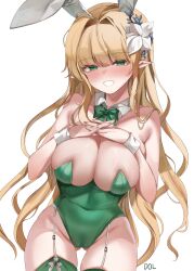 Rule 34 | 1girl, absurdres, animal ears, bare arms, bare shoulders, blonde hair, blush, bow, bowtie, breasts, character request, cleavage, covered navel, detached collar, dolechan, dungeon and fighter, elven knight (dungeon and fighter), fake animal ears, garter straps, green bow, green bowtie, green eyes, green leotard, green thighhighs, hair intakes, hair ornament, hands on own chest, highres, knight (dungeon and fighter), large breasts, leotard, long hair, open mouth, own hands together, playboy bunny, pointy ears, rabbit ears, sideboob, simple background, smile, solo, thigh gap, thighhighs, white background, white garter straps