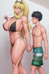 Rule 34 | 1boy, 1girl, abs, bikini, black bikini, black hair, black nails, blonde hair, blush, breasts, cleavage, closed eyes, commentary, crossed bangs, english commentary, barghest (fate), fate/grand order, fate (series), fujimaru ritsuka (male), green eyes, green male swimwear, heterochromia, highres, holding hands, large breasts, long hair, lvl (sentrythe2310), male swimwear, nail polish, open mouth, parted lips, red eyes, smile, swimsuit, thighs, towel