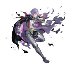 Rule 34 | 1boy, belt, black cape, cape, clenched teeth, dagger, damaged, fire emblem, fire emblem: three houses, fire emblem heroes, holding, holding dagger, holding knife, holding weapon, knife, leg armor, looking at viewer, male focus, matching hair/eyes, medium hair, nintendo, official art, one eye closed, purple cape, purple eyes, purple hair, solo, teeth, torn cape, torn clothes, weapon, white background, yuri leclerc