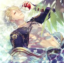 Rule 34 | 1boy, abs, aladdin (sinoalice), apple, bad id, bad twitter id, bare pectorals, blonde hair, blue eyes, bridal gauntlets, exposed muscle, flower, food, fruit, gold, highres, holding, holding food, holding fruit, in water, jewelry, looking at viewer, lying, male focus, nagatekkou, necklace, nipples, npyon3, on back, pectorals, ribbon, short hair, sinoalice, solo, waist cape, wet, white flower
