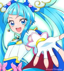 Rule 34 | 1girl, :d, ahoge, blue eyes, blue hair, bow, brooch, cape, commentary, cure10mama, cure sky, detached sleeves, earrings, fingerless gloves, gloves, highres, hirogaru sky! precure, jewelry, long hair, magical girl, open mouth, pink bow, precure, puffy detached sleeves, puffy sleeves, single earring, single sidelock, smile, solo, sora harewataru, twintails, two-sided cape, two-sided fabric, white gloves, wing brooch, wing hair ornament