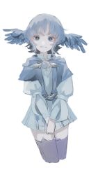 Rule 34 | 1girl, bird wings, brooch, closed mouth, cropped legs, dress, feathered wings, feathers, final fantasy, final fantasy xiv, head wings, highres, jewelry, long sleeves, looking at viewer, meteion, naruta, no tail, own hands together, pleated dress, short dress, short hair, simple background, solo, v arms, white background, wings