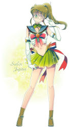 Rule 34 | 1girl, bad id, bad pixiv id, bishoujo senshi sailor moon, boots, bow, brown hair, character name, crop top, elbow gloves, full body, gloves, gradient background, green eyes, green footwear, green skirt, hair bobbles, hair ornament, jupiter symbol, kino makoto, long hair, magical girl, midriff, navel, official alternate costume, one eye closed, pink bow, ponytail, ribbon, sailor jupiter, sailor senshi uniform, saki (hxaxcxk), shoes, skirt, smile, solo, standing, white gloves, wink
