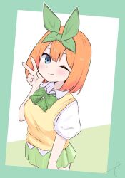 Rule 34 | 1girl, ;q, blue eyes, blush, bow, breasts, closed mouth, commentary, eyebrows hidden by hair, go-toubun no hanayome, green background, green bow, green hairband, green ribbon, green skirt, hair ribbon, hairband, hand up, kujou karasuma, looking at viewer, medium breasts, nakano yotsuba, one eye closed, orange hair, pleated skirt, ribbon, shirt, short sleeves, simple background, skirt, smile, solo, sweater vest, tongue, tongue out, two-tone background, v, white background, white shirt