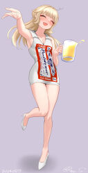 Rule 34 | 1girl, alcohol, beer, beer mug, blonde hair, breasts, budweiser, cleavage, closed eyes, cup, double bun, dress, drunk, full body, grey background, hair bun, highres, kantai collection, long hair, medium breasts, mug, ranger (kancolle), ray.s, short dress, smile, solo, white dress, white footwear