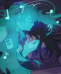 Rule 34 | 2girls, aqua theme, bass clef, bed, bed sheet, black hair, cellphone, closed eyes, closed mouth, comforting, crying, earbuds, earphones, eighth note, eyes visible through hair, floating hair, from above, glowing, hand on another&#039;s cheek, hand on another&#039;s face, hatsune miku, head kiss, highres, hologram, hoshino ichika (project sekai), indoors, listening to music, long hair, lying, messy hair, motion blur, multiple girls, music, musical note, nape, on bed, on side, pajamas, parted lips, phone, fake phone screenshot, pillow, profile, project sekai, quarter note, sad, sharp sign, smartphone, staff (music), tears, transparent, twintails, under covers, very long hair, vocaloid, ximuye