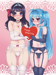 Rule 34 | 2girls, avatar base, blue hair, blush, bow, breasts, choker, circlet, cleavage, dragon quest, dragon quest iii, elbow gloves, embarrassed, english text, garter belt, garter straps, gloves, groin, hair ribbon, hanauna, happy valentine, heart, arihara yuuna (hanauna), highres, holding, large breasts, lingerie, long hair, looking at viewer, lowleg, lowleg panties, multiple girls, navel, nose blush, open mouth, panties, purple eyes, ribbon, roto (dq3), sage (dq3), side-tie panties, small breasts, smile, sweatdrop, thighhighs, twintails, underwear, underwear only