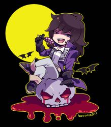 Rule 34 | 1boy, arm support, bat (animal), black background, black footwear, black gloves, black hair, blood, blue eyes, candy, castlevania (series), coat, crossed legs, eyelashes, food, full moon, gloves, holding, holding candy, holding food, holding lollipop, kotorai, lollipop, male focus, moon, no nose, open mouth, outline, purple coat, richter belmont, shaded face, shirt, signature, sitting, skull, solo, white shirt, yellow outline