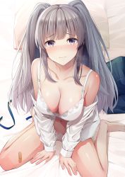 Rule 34 | 1girl, bandages, bandaid, bare shoulders, bed sheet, blush, bra, breasts, cleavage, closed mouth, collarbone, dress shirt, feet, from above, grey hair, idolmaster, idolmaster shiny colors, large breasts, legs, long hair, looking at viewer, navel, off shoulder, on bed, open clothes, open shirt, panties, pillow, purple eyes, ribbon, shirt, sidelocks, sitting, smile, solo, thighs, twintails, umihotaru harumare, underwear, wariza, white bra, white panties, white shirt, yukoku kiriko