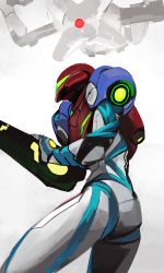 Rule 34 | 1girl, 33dot, absurdres, arm cannon, armor, cowboy shot, e.m.m.i., from side, glowing, glowing eyes, grey background, helmet, highres, metroid, metroid dread, nintendo, power armor, red eyes, robot, samus aran, weapon, white background