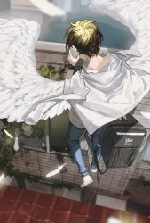 Rule 34 | 2boys, absurdres, angel wings, blonde hair, blue pants, cellphone, facing away, feathered wings, flying, from above, from behind, hataya, highres, holding, holding phone, jacket, jacket on shoulders, male focus, multiple boys, original, outdoors, pants, parted lips, phone, shirt, short hair, smartphone, spread wings, uber eats, watch, white shirt, white wings, wings, wristwatch