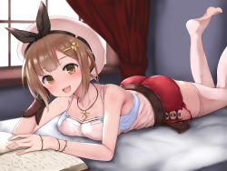 Rule 34 | 1girl, atelier (series), atelier ryza, atelier ryza 1, bare shoulders, belt, blush, breasts, brown eyes, brown hair, commentary request, gloves, hair ornament, hairclip, hat, highres, jewelry, large breasts, looking at viewer, necklace, open mouth, red shorts, reisalin stout, rocha (aloha ro cha), short hair, short shorts, shorts, smile, solo, star (symbol), thighhighs, white hat
