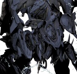 Rule 34 | armored core, armored core 6, cowboy shot, electricity, gun, highres, holding, holding gun, holding weapon, mecha, mecha focus, missile pod, missing limb, mznomono, no humans, robot, science fiction, simple background, standing, steel haze, thrusters, weapon, weapon on back, white background