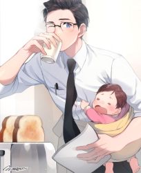 Rule 34 | 1boy, 1girl, artist name, baby, baby carry, bent over, black hair, black neckwear, blue eyes, bread slice, brown hair, carrying, commentary, crying, cup, drinking, father and daughter, food, gearous, infant, mug, necktie, one eye closed, original, steam, toast, toaster