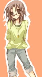 Rule 34 | 1girl, :o, arms behind back, beige background, blush, brown-framed eyewear, collarbone, contrapposto, denim, glasses, jeans, jewelry, looking back, necklace, pants, parted lips, pendant, short hair, simple background, solo, standing, suzushiro kurumi, sweater