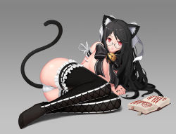 Rule 34 | 1girl, animal ears, ass, bad id, bad pixiv id, bell, black hair, black nails, book, bow, breasts, cat ears, cat girl, cat tail, cleavage, cross-laced clothes, cross-laced legwear, female focus, frilled thighhighs, frills, full body, glasses, hair bow, large breasts, lips, long hair, looking at viewer, lying, naco (manacool), nail polish, on side, open book, original, panties, red eyes, semi-rimless eyewear, smile, solo, tail, thighhighs, under-rim eyewear, underwear, white panties