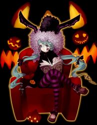 Rule 34 | 1girl, animal ears, armchair, bad id, bad pixiv id, bat (animal), blue hair, book, bow, chair, cloak, crossed legs, facial mark, feathers, female focus, fur hat, glowing, grin, hair bow, halloween, hat, hatsune miku, heart, heart-shaped eyes, highres, hood, hoodie, jack-o&#039;-lantern, kansou samehada, loafers, long hair, o o, pantyhose, patterned legwear, pumpkin, purple pantyhose, rabbit ears, red upholstery, shoes, sitting, smile, solo, striped clothes, striped pantyhose, twintails, very long hair, vocaloid