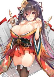 Rule 34 | 1girl, ahoge, areola slip, azur lane, bare shoulders, black hair, black thighhighs, blush, breasts, champagne flute, cleavage, collarbone, cup, drinking glass, eyes visible through hair, feathers, hair between eyes, hair ornament, hair ribbon, highres, holding, holding cup, huge breasts, japanese clothes, large breasts, long hair, looking at viewer, machinery, mutou mame, obi, open mouth, pouring, pouring onto self, red eyes, ribbon, rigging, sash, sidelocks, simple background, skindentation, smile, solo, taihou (azur lane), thighhighs, twintails, very long hair, white background, wide sleeves