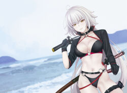 Rule 34 | 1girl, absurdres, ahoge, bikini, black bikini, black gloves, black jacket, breasts, choker, cleavage, collarbone, cropped jacket, fate/grand order, fate (series), gloves, grey hair, highres, jacket, jeanne d&#039;arc alter (fate), jeanne d&#039;arc alter (swimsuit berserker) (fate), katana, large breasts, long hair, long sleeves, looking at viewer, navel, o-ring, o-ring bikini, quatthro, shrug (clothing), smile, solo, swimsuit, sword, thigh strap, thighs, very long hair, weapon, yellow eyes