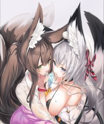 Rule 34 | 2girls, absurdres, animal ear fluff, animal ears, bare shoulders, blue eyes, blush, breast press, breasts, brown hair, cardigan, choker, collarbone, food, fox ears, fox girl, fox tail, green eyes, hair ornament, hair ribbon, highres, large breasts, long hair, multiple girls, multiple tails, off shoulder, original, plushmallow, popsicle, ribbon, saliva, sidelocks, silver hair, snowflake hair ornament, symmetrical docking, tail, tongue, tongue out, twintails, very long hair, white background, xeirn