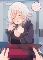 Rule 34 | 1girl, beni shake, black dress, black jacket, blush, box, breasts, cleavage, commentary request, dress, fate/grand order, fate (series), fur-trimmed jacket, fur-trimmed sleeves, fur trim, gift, gift box, hair between eyes, hands up, head tilt, holding, holding gift, indoors, jacket, jeanne d&#039;arc (fate), jeanne d&#039;arc alter (fate), jeanne d&#039;arc alter (ver. shinjuku 1999) (fate), long sleeves, medium breasts, nose blush, official alternate costume, open clothes, open jacket, open mouth, orange eyes, silver hair, solo focus, spoken blush, valentine, wavy mouth, wicked dragon witch ver. shinjuku 1999