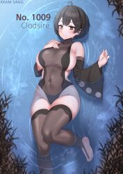 Rule 34 | 1girl, absurdres, ahoge, armpit crease, bare shoulders, black hair, breasts, brown eyes, brown leotard, brown thighhighs, clodsire, closed mouth, commission, covered navel, creatures (company), detached sleeves, game freak, groin, hand on own chest, highleg, highleg leotard, highres, kkam-sang, knee up, large breasts, leotard, long sleeves, lying, nintendo, on back, personification, pokedex number, pokemon, see-through, short hair, sideboob, sideless outfit, smile, solo, taut leotard, thighhighs, thighs, toeless legwear, water, wide sleeves