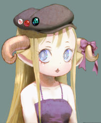 Rule 34 | 1girl, badge, blonde hair, blue eyes, bow, button badge, cabbie hat, hasukawa isaburou, hat, highres, horn bow, horn ornament, horns, long hair, looking at viewer, open mouth, original, pointy ears, simple background, solo, upper body