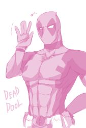 Rule 34 | 1boy, artist request, bad id, bad pixiv id, bodysuit, deadpool, deadpool (series), looking at viewer, male focus, marvel, monochrome, musical note, simple background, skin tight, solo, waving, white background