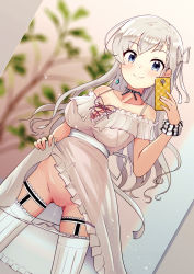 Rule 34 | 1girl, blue eyes, blurry, blurry background, braid, breasts, cleavage, clothes lift, commentary request, dress, dutch angle, earrings, grey hair, hair ribbon, highres, hisakawa hayate, holding, holding phone, idolmaster, idolmaster cinderella girls, jewelry, large breasts, long hair, milkmochi, neck ribbon, off-shoulder dress, off shoulder, panties, panty pull, phone, pussy, pussy juice, ribbon, see-through, selfie, skirt, skirt lift, solo, thighhighs, underwear, white panties